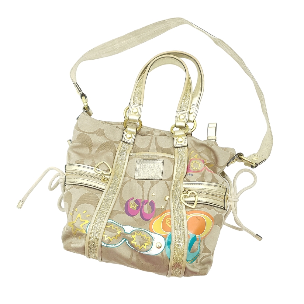 Coach Poppy Applique Purse Shoulder Bag Gold Sparkly Colorful Hearts Pink Inside - Picture 1 of 12